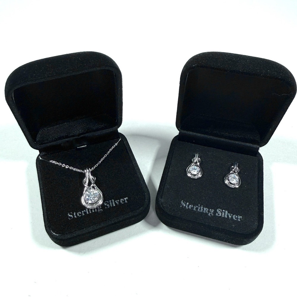 Sterling Silver Necklace Earrings Set CZ Pendant Mothers Day Gift (925 SS) - Picture 1 of 15